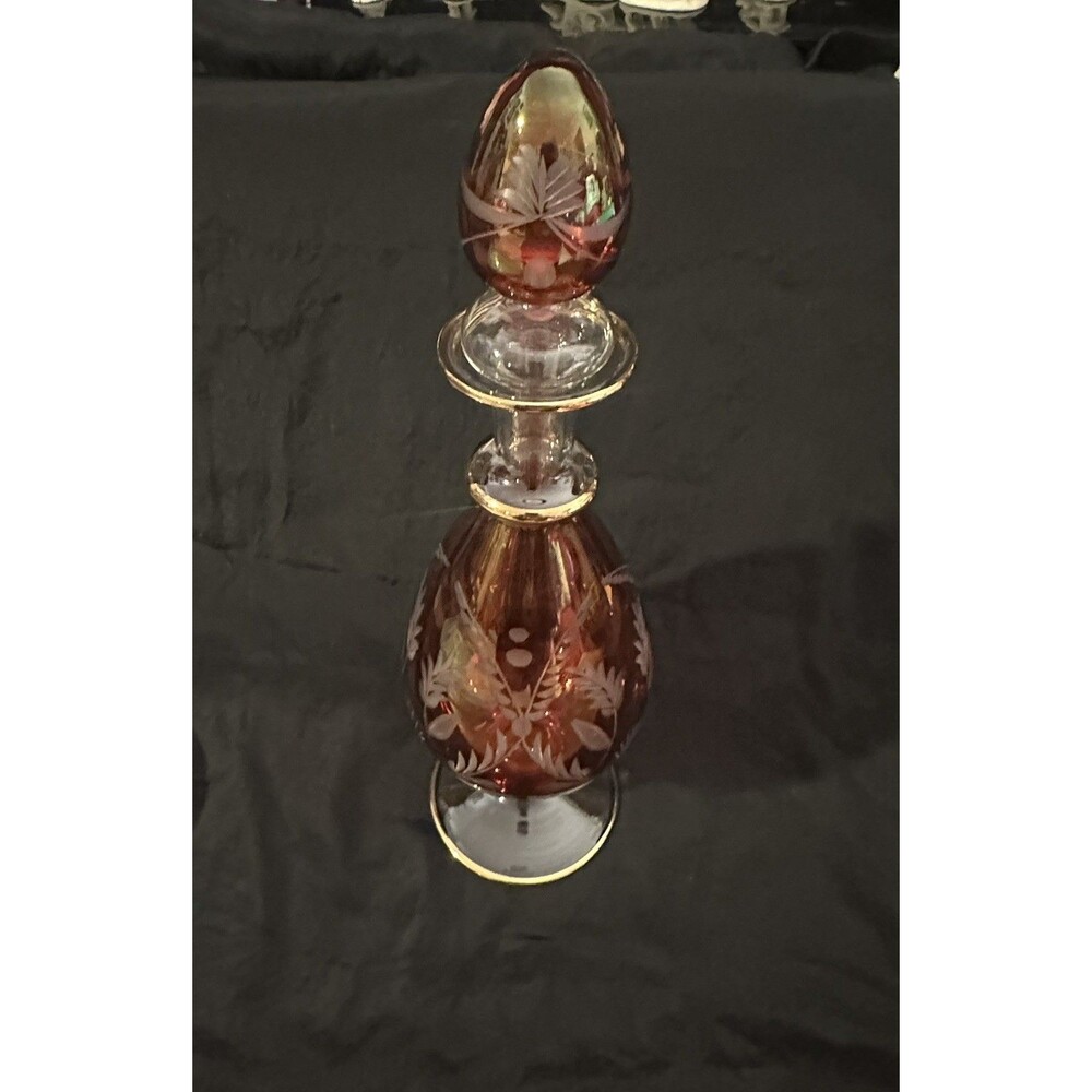 Vintage Bohemian Cranberry Cut-to-Clear Etched Glass Decanter w/ Stopper – Rare